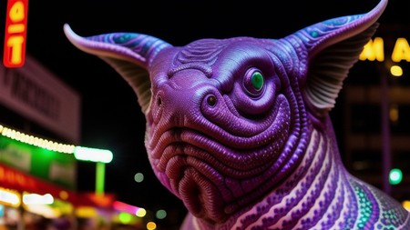 close up of a statue of a purple creature on a city street