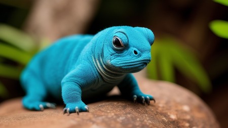 blue lizard sitting on top of a rock next to green plants