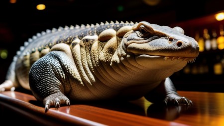 large lizard sitting on top of a wooden table next to bottles