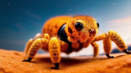 close up of a yellow spider on a sandy surface with blue sky in the background