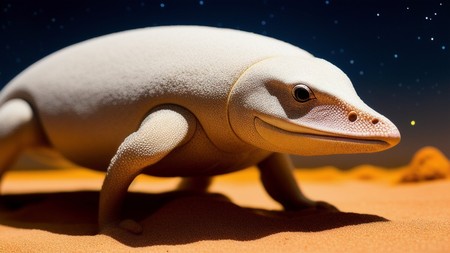 close up of a white lizard on a sandy surface with stars in the background