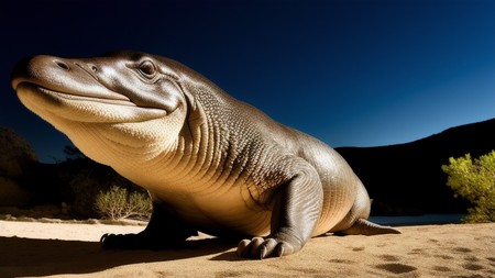 large alligator sitting on top of a sandy beach next to a body of water