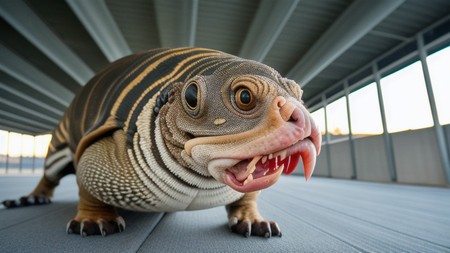 close up of a large lizard with its mouth open and teeth wide open