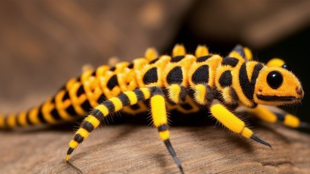 close up of a yellow and black insect on a piece of wood