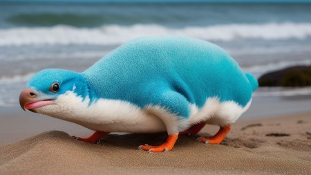 blue and white penguin standing on top of a sandy beach next to the ocean