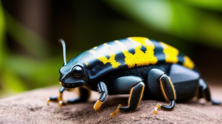 blue and yellow bug sitting on top of a rock next to green plants