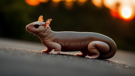 small animal standing on top of a road next to a forest