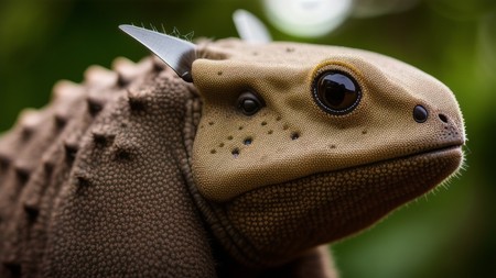 close up of a lizard's head with a knife in it's mouth