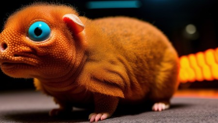 close up of a gerbil with blue eyes on a floor