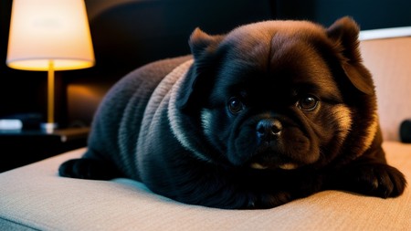 black dog sitting on top of a couch next to a lamp