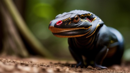 close up of a toy lizard on a dirt ground with trees in the background