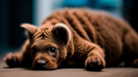 teddy bear laying on the ground looking at the camera with a sad look on its face