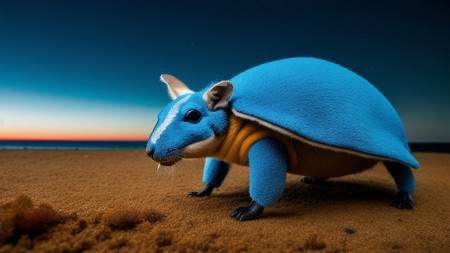 blue and yellow animal standing on top of a sand covered beach