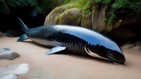 large blue whale laying on top of a sandy beach next to rocks