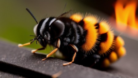 close up of a bee on a surface with a fire in the background