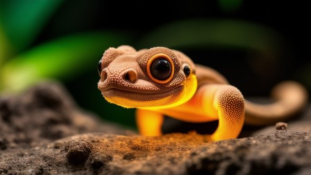 gecko with glowing eyes sitting on top of a pile of dirt