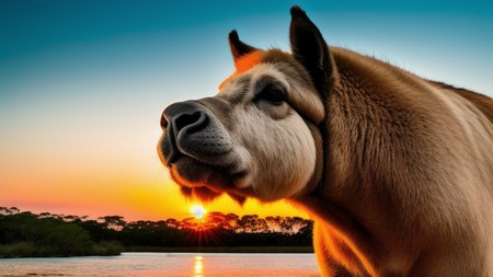 large animal standing next to a body of water with a sunset in the background