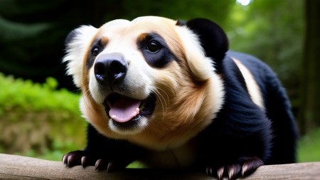 close up of a panda bear sitting on a tree branch with it's tongue hanging out