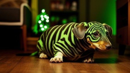 dog with a green and black striped body sitting on the floor