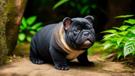 small black dog sitting on top of a dirt ground next to plants