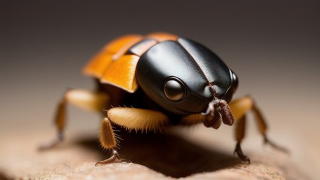 close up of a bug with a black face and yellow legs