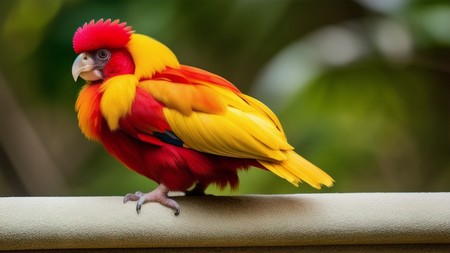 colorful bird sitting on top of a white wall next to a tree