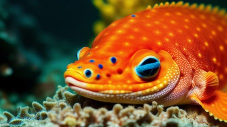 bright orange fish with blue eyes sitting on a coral with other corals in the background