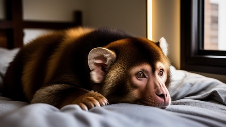 monkey laying on top of a bed in front of a window
