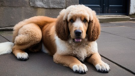 brown and white dog laying on a sidewalk next to a building