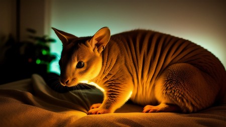 close up of a cat on a bed with a light on