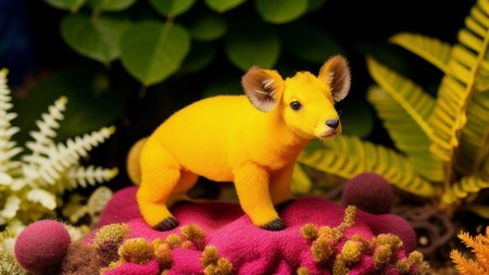 yellow stuffed animal sitting on top of a lush green field of plants