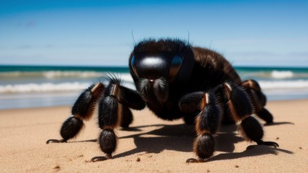 large spider sitting on top of a beach next to the ocean