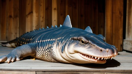 large alligator laying on top of a wooden floor next to a wall