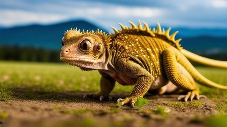 close up of a lizard on a field with mountains in the background