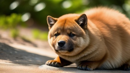 large brown dog laying on top of a dirt ground next to a forest