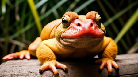 close up of a frog sitting on a piece of wood with grass in the background