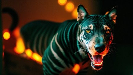 close up of a tiger with lights on it's face