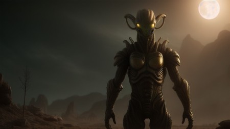 creepy looking creature standing in the middle of a desert with a full moon in the background