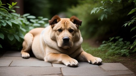 large brown dog laying on top of a stone floor next to plants