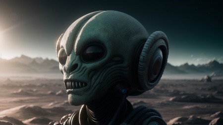 close up of an alien with headphones on in the desert