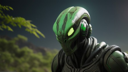 green alien with glowing eyes standing in front of a tree and bushes