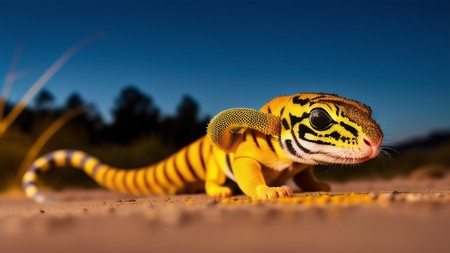 close up of a gecko on a dirt ground with trees in the background