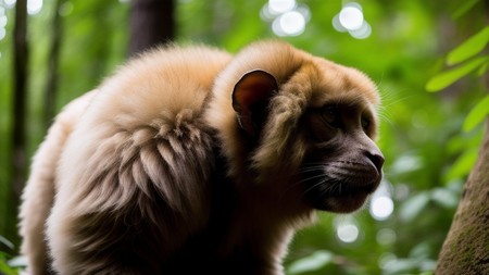 close up of a monkey near a tree in a forest with trees in the background