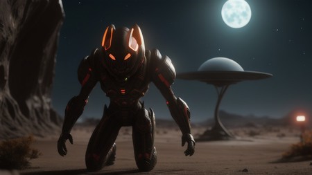 sci - fi character standing in the desert at night with a full moon in the background