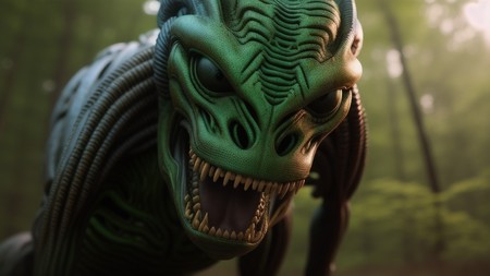 close up of a green creature with its mouth open and teeth wide open