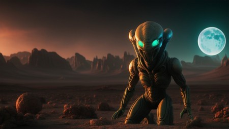 an alien standing in the desert with a full moon in the background
