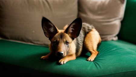 dog sitting on top of a green couch next to a pillow