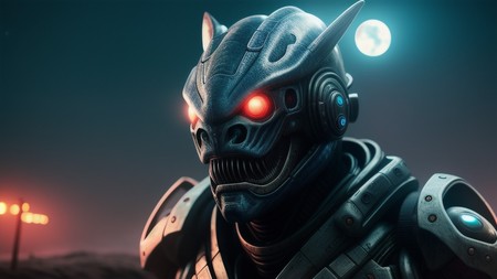 close up of a robot with glowing eyes and a helmet on