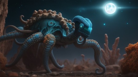 an octopus with blue eyes standing in front of a moonlit sky