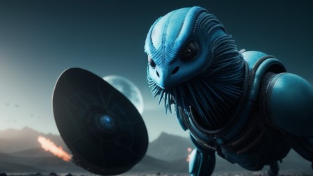 sci - fi character holding a shield in front of an alien like creature